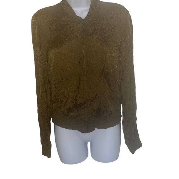 Anthropologie Maeve XS Olive Green Floral Lightweight Zip Up Silky Bomber Jacket - Picture 1 of 9